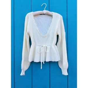 Scallop Ruffle V-Neck Peplum Ribbed Knit Sweater Balloon Sleeve Drawstring Waist